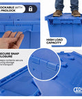 14 Gallon Industrial Plastic Tote Hinged Flip Lid Boss Level Storage Bin Pack Of 6 Heavy Duty Rugged Containers Built Like A Tank showing secure snap closure and high load capacity.