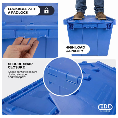 14 Gallon Industrial Plastic Tote Hinged Flip Lid Boss Level Storage Bin Pack Of 6 Heavy Duty Rugged Containers Built Like A Tank showing secure snap closure and high load capacity.
