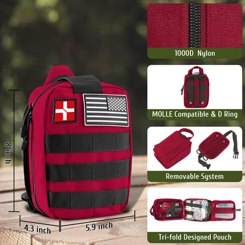 170 Piece Survival First Aid Kit With Trauma Gear And Emergency Medical Supplies For Hiking Camping Trekking Outdoor Adventures Bug Out Bag Ready Ideal Gift For Him Dad Christmas, red MOLLE pouch.