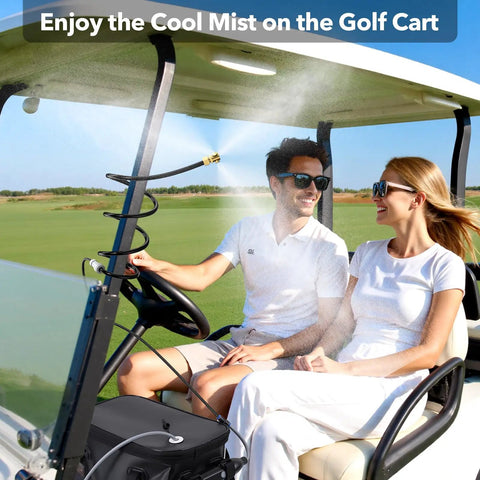 Couple on golf cart using Portable Misting System With 5000mAh Rechargeable Pump, 20L Water Bucket, 8.2Ft Cobra Mist Stand