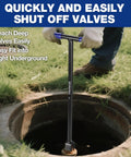 Heavy Duty 17 Inch Water Meter Key With 4 Way Utility Key Extended Reach Valve Tool For Outdoor Underground Valves Steel Curb Shut Off Key With Non Slip T Handle Built For Contractors And Homeowners By WORKPRO being used to access an underground valve