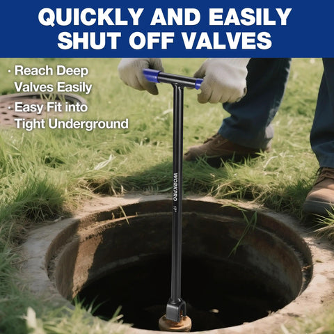 Heavy Duty 17 Inch Water Meter Key With 4 Way Utility Key Extended Reach Valve Tool For Outdoor Underground Valves Steel Curb Shut Off Key With Non Slip T Handle Built For Contractors And Homeowners By WORKPRO being used to access an underground valve