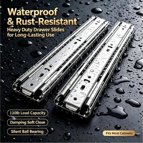 120 Lb Heavy Duty 22 Inch Side Mount Drawer Slides Full Extension Soft Close Glides with waterproof finish and rust resistance.