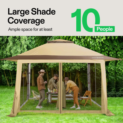 13 X 13 Pop Up Canopy Tent With Mosquito Netting, Center Lock Quick Setup, shown in khaki color with people inside in a garden.