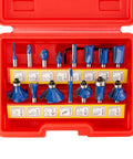 Pro Grade YG8 Tungsten Carbide Router Bits Set in red case, showing 15 pieces for precise wood cuts with durable construction