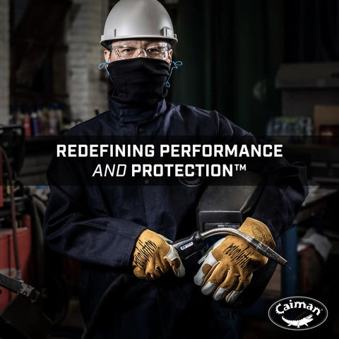 Welder in shop wearing All Day Comfort Welding Gloves With Premium Cow Grain Leather And Double Stitched Palm Padding.