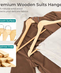 Ten Pack Heavy Duty Solid Birch Wood Coat Hangers With 360 Degree Swivel Hooks And Pant Bar For Jackets Dresses Shirts. Hangers displayed with clothing.