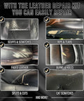 Leather And Vinyl Repair Kit For Sofas Jackets Car Seats And Purses With Easy To Follow Instructions No Experience Needed To Match Any Color And Restore Any Material Like Bonded Italian Pleather Or Genuine Leather Surfaces demonstrating repair on damaged leather areas with labels for scuffs, rips, fades, burns, splits, and scratches.