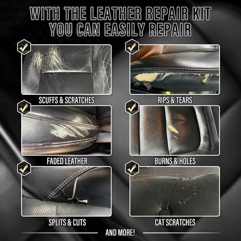 Leather And Vinyl Repair Kit For Sofas Jackets Car Seats And Purses With Easy To Follow Instructions No Experience Needed To Match Any Color And Restore Any Material Like Bonded Italian Pleather Or Genuine Leather Surfaces demonstrating repair on damaged leather areas with labels for scuffs, rips, fades, burns, splits, and scratches.