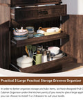 Kick Out Clutter Fast With This 71 Inch Tall Kitchen Pantry Cabinet Featuring Three Spacious Drawers Six Farmhouse Barn Doors Heavy Duty Steel Frame And Adjustable Shelves In Warm Brown For Slick Home Storage Solutions with open drawers showing dishes and storage pots.