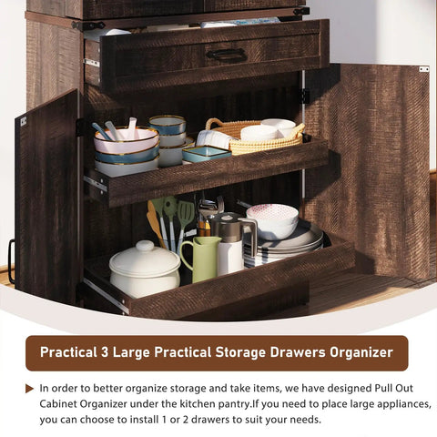 Kick Out Clutter Fast With This 71 Inch Tall Kitchen Pantry Cabinet Featuring Three Spacious Drawers Six Farmhouse Barn Doors Heavy Duty Steel Frame And Adjustable Shelves In Warm Brown For Slick Home Storage Solutions with open drawers showing dishes and storage pots.