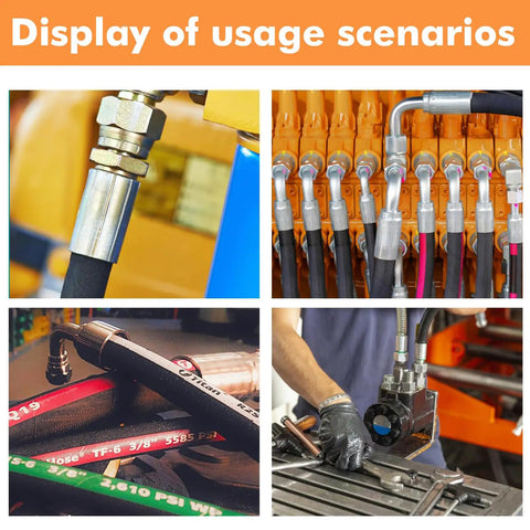 Display of usage scenarios for Badass Shop Ready 110 Volt Electric Hydraulic Hose Crimper featuring various hydraulic hoses and connections.