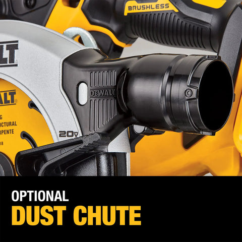 Close-up of Brushless 20V Max Cordless Circular Saw With 6-1/2-Inch Blade showing optional dust chute feature.