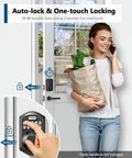 Fingerprint Door Lock With Keyless Entry Electronic Keypad Deadbolt No Fuss Setup Auto Lock 4 Unlock Methods 20 Fingerprints 20 Codes 2 Backup Keys One Time PINs Smart Front Door Lock Oil Rubbed Bronze, installed on a white door with a person approaching, carrying groceries, and using the keypad.