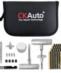 Universal Tire Repair Kit For Cars Trucks Motorcycles And RVs Heavy Duty Roadside Ready Patch Kit With 36 Pcs Included T Handle Insertion Tools Probes 4 Inch Patches Valve Caps Valve Tool Lubricant And More, displayed with tools and patches against a black pouch.