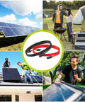 Collage of a Solar Panel Extension Cable 20Ft 10AWG With Tool Free Connectors Waterproof PV Cable 6mm2 in use outdoors.