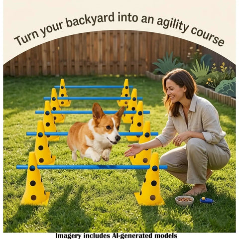 Dog Agility Training Kit With 12 Cone Hurdles And Adjustable Jump Bars For Backyard And Park Play, Corgi jumping hurdle