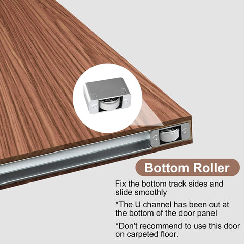 Concealed Sliding Barn Door With Soft Close Hardware Kit Brown Hidden Door bottom roller detail, side view.
