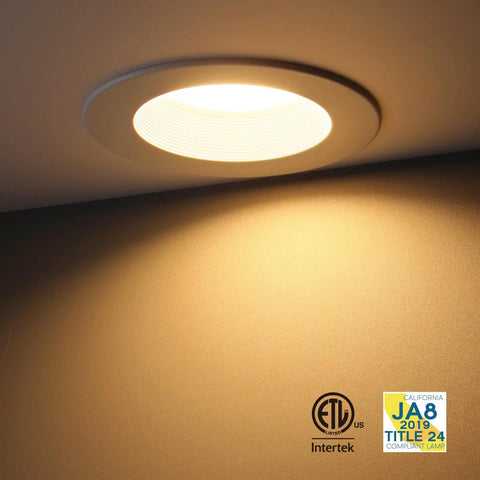 Eight Pack 6 Inch LED Recessed Retrofit Downlight Kit With 5CCT Color Temps installed on ceiling, illuminated, ETL and JA8 certified