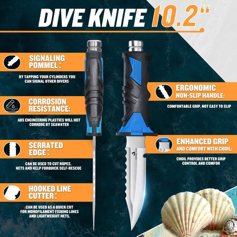 Scuba Diving Knife With Leg Straps And Sheath, Lightweight German 1.4116 Stainless Steel Blade, features include serrated edge and ergonomic handle.