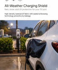 Straight Up Solid EV Charger Cover Oxford Fabric All Weather Charging Port Protector Magnetic Seal on an electric vehicle in rain.