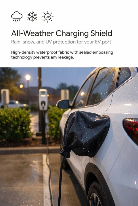 Straight Up Solid EV Charger Cover Oxford Fabric All Weather Charging Port Protector Magnetic Seal on an electric vehicle in rain.