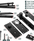 Front view of heavy-duty hidden door hinge kit in black steel with upper and lower hinges, mounting plates and screws.