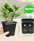 Hand holding 100 Pack Square Plant Nursery Pots With Drainage Holes Three And A Half Inch Plastic Seed Starter Pots.