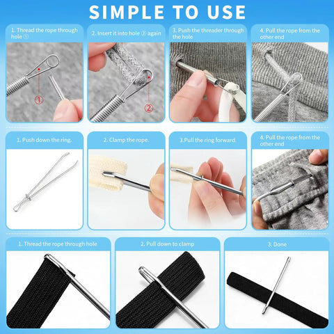 Step-by-step guide using Drawstring Threader Tool Set Six Pack With Spring Threaders for easy garment threading.