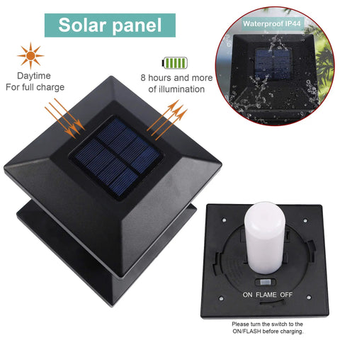 Two Pack Solar Flame Post Lights With 72 LED Flickering Flame Outdoor Cap Lights for Halloween and Christmas, solar panel close-up