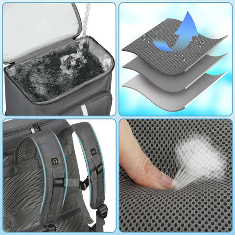 Insulated Cooler Backpack With Leakproof Double Deck Design For Work Lunches Keeps Your Grub Hot Or Cold For Up To 20 Hours Reflective Stripes Grey Great For On The Go Meals And Cold Packs, showing leakproof interior, insulation layers, backpack straps, breathable fabric close-up.