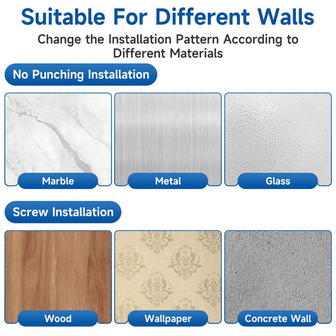 Suitable installation materials for Built Like A Tank Adjustable Spring Door Stopper including marble, metal, glass, wood, wallpaper, and concrete.