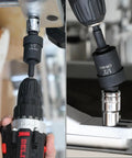 Universal Joint Socket Adapter Set For Drills And Impact Drivers, Six Piece, One Half Inch, One Quarter Inch, Three Eighths Inch Swivel Adapters, Chrome Molybdenum Steel Construction, Heavy Duty Durability, 1/2 inch CR-MO adapter on drill