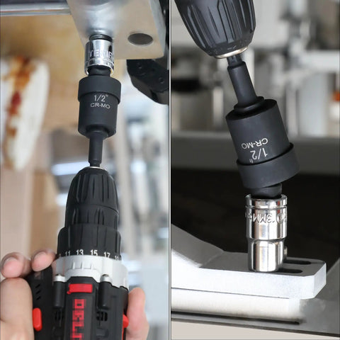 Universal Joint Socket Adapter Set For Drills And Impact Drivers, Six Piece, One Half Inch, One Quarter Inch, Three Eighths Inch Swivel Adapters, Chrome Molybdenum Steel Construction, Heavy Duty Durability, 1/2 inch CR-MO adapter on drill