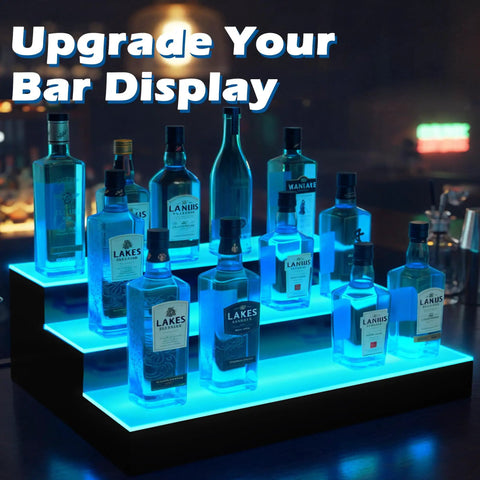 LED Lighted 3 Tier Liquor Bottle Shelf With Remote For Your Home Bar Setup, 24 inch display with multicolor lighting.