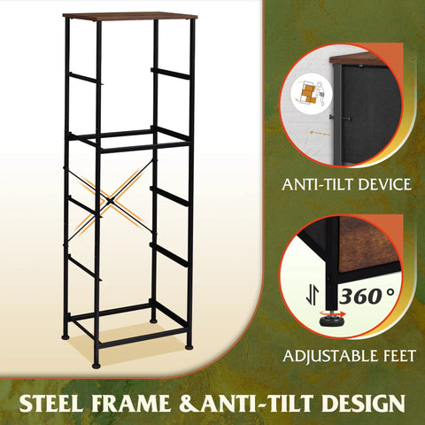 Steel frame of fabric dresser with anti-tilt device and adjustable feet, rustic brown wood top, tall storage chest for bedroom