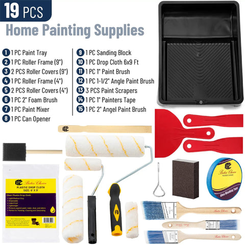 Paint Roller Kit With 19 Handy Essentials Including Microfiber Sleeves, Roller Frames, Tray, Angled Brush, Foam Brush, Scrapers And Drop Cloth For Walls, Cabinets, Interior And Exterior Painting Projects