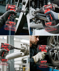 Heavy Duty Cordless Impact Wrench With Half Inch Drive Featuring A Brushless Motor And Legit 1106 Foot Pound Torque Heavy Hitter Shop Tool Works Seamless With Makita 18 Volt Batteries in action on automotive repair.