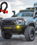 Half Inch D Ring Shackle 4 Pack Alloy Steel 17637 Lbs Break Strength Eight Ton With Five Eighths Screw Pin Heavy Duty Off Road Recovery Shackle Towing Accessory For Jeep And Truck Black attached to front of lifted truck