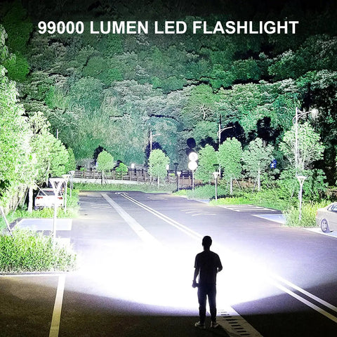 Rechargeable LED Flashlight 99,000 Lumens Ultra Bright Handheld Torch illuminating a deserted road at night