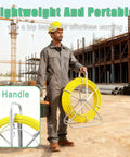 Worker holding 6mm by 500ft fiberglass duct rodder for conduit installations with steel reel stand at construction site