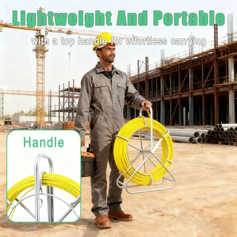 Worker holding 6mm by 500ft fiberglass duct rodder for conduit installations with steel reel stand at construction site