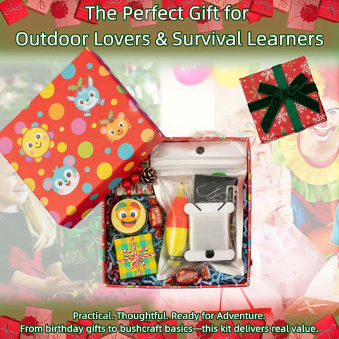 Grab And Go Ultra Compact Survival Fishing Kit For Outdoor Adventures Emergency Gear gift box with colorful wrapping.