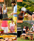 Stainless Steel 19 Piece BBQ Tools Set with tongs and spatula used in various outdoor settings including BBQ, camping, parties, and travel.