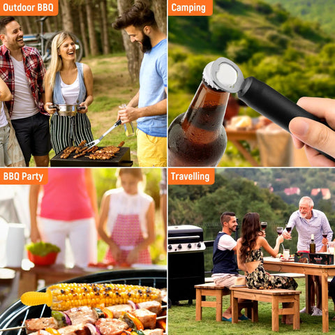 Stainless Steel 19 Piece BBQ Tools Set with tongs and spatula used in various outdoor settings including BBQ, camping, parties, and travel.