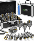 Staten Tools 22-piece tungsten carbide hole saw kit in metal carrying case with arbors and hex wrenches.