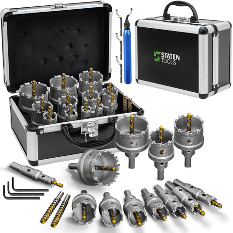 Staten Tools 22-piece tungsten carbide hole saw kit in metal carrying case with arbors and hex wrenches.