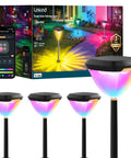 8 Pack Solar Pathway Lights Color Changing RGB Garden Lights 200 Lumen Waterproof IP65 Outdoor Solar Powered Yard Walkway Lawn Landscape Decor Adjustable Easy Install displayed with packaging and smartphone app in background