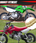 KAMIER 420 drive chain, gold, 102 links, with chain breaker tool, shown on green and red dirt bikes.