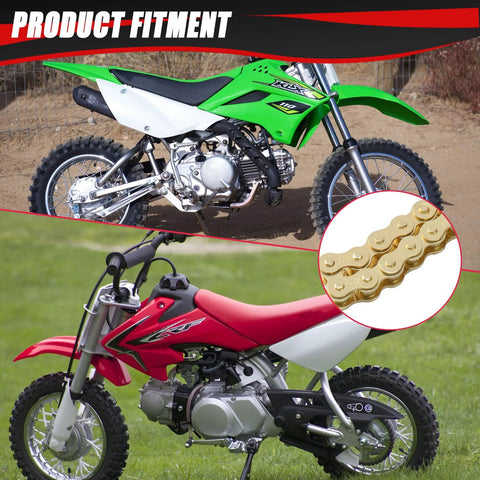 KAMIER 420 drive chain, gold, 102 links, with chain breaker tool, shown on green and red dirt bikes.